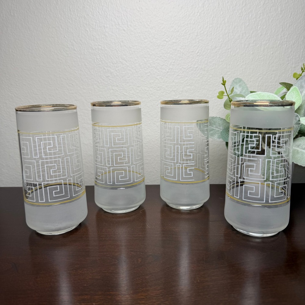 Vintage Libbey Greek Key‎ Frosted Highball Glasses Gold Rim MCM Set of 4